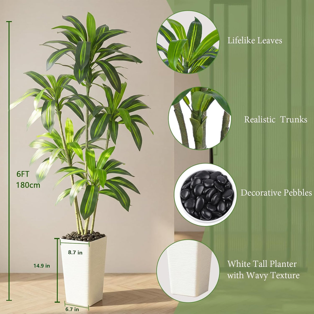 Artificial Dracaena Tree 6FT Tall Faux Indoor Plant White Planter FOSHOI Decor