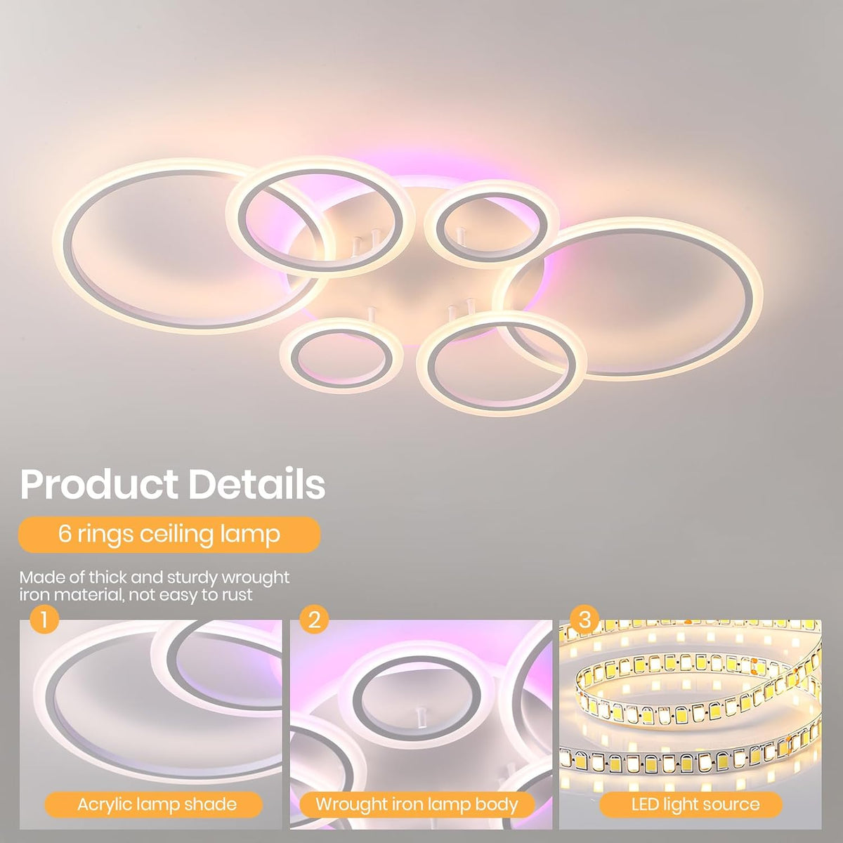 LED Ceiling Light 70W Dimmable Remote 6 Ring Flush Mount Modern Ceiling Lamp Home