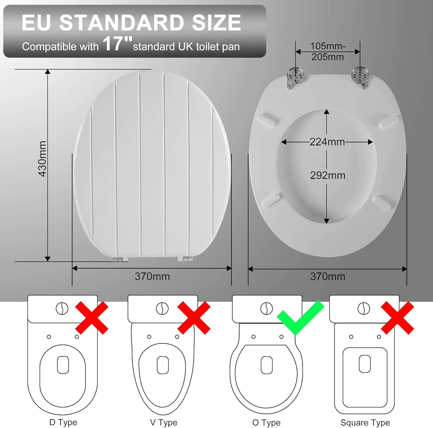 Angel Shield White Wooden Toilet Seat with Adjustable Hinges, Antibacterial