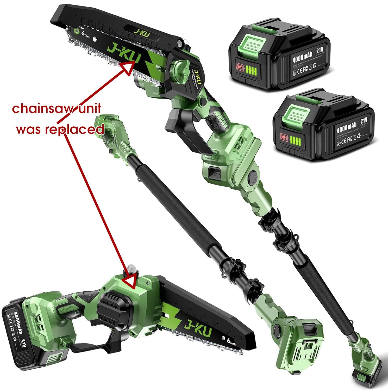 Cordless Pole Saw 6 Inch 21V Brushless 16FT Reach 2x4000mAh Battery Tree Trimmer