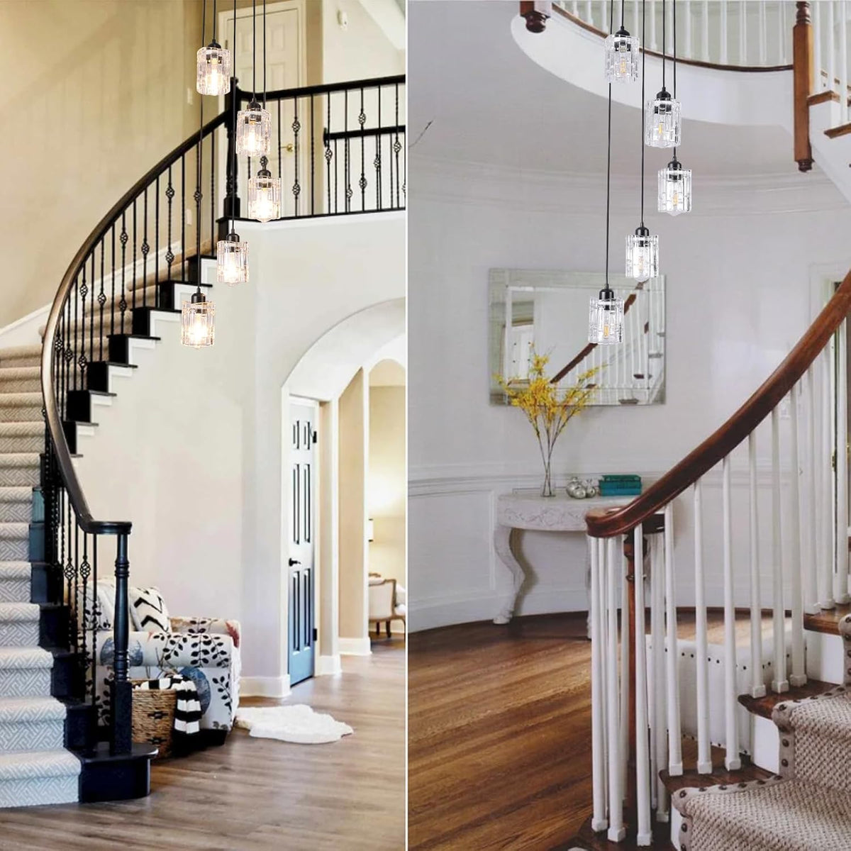 Crystal Pendant Chandelier 5 Light Long Drop Black High Ceiling Staircase Lighting