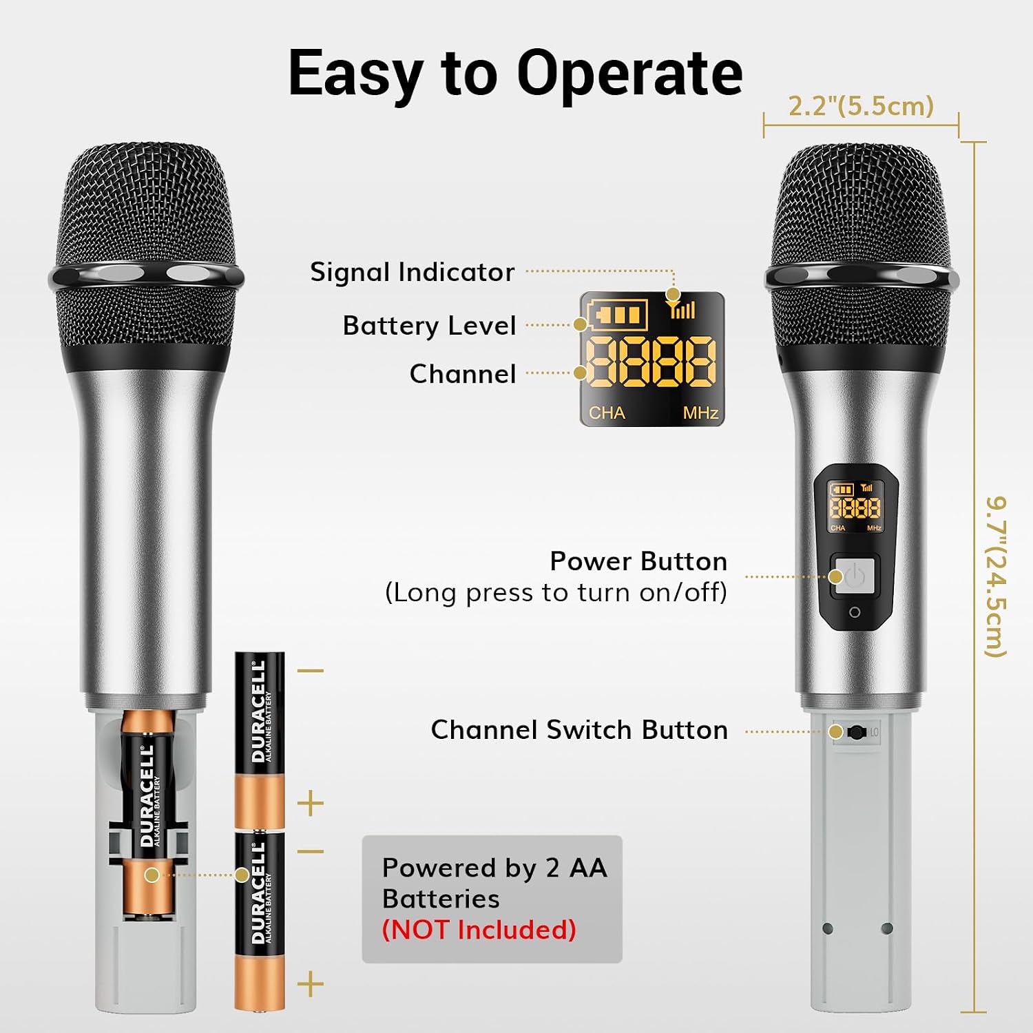 Wireless Microphones Dual UHF Cordless Dynamic 60m Silver TONOR Professional
