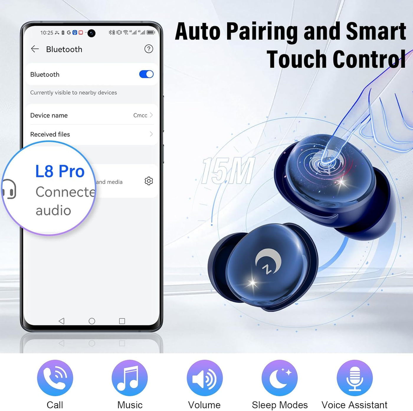 Bluetooth earbuds with smartphone app interface showing auto pairing and control features on a white background.