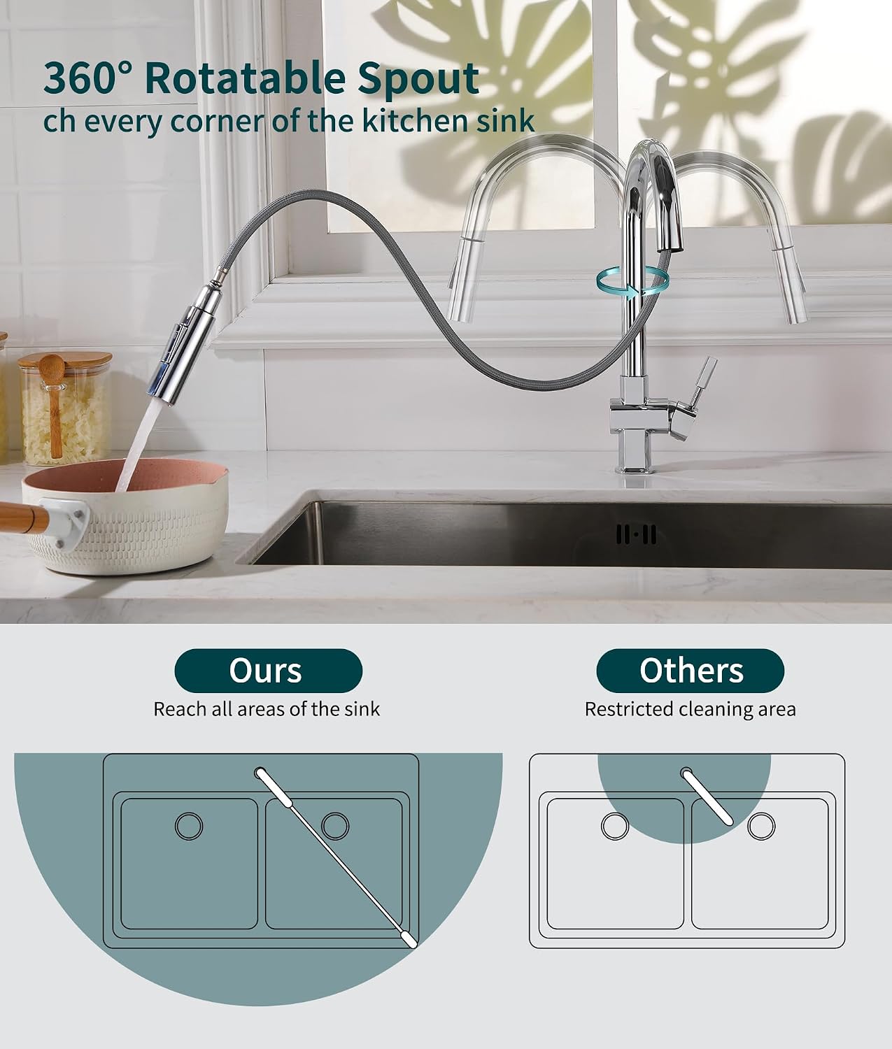 Kitchen Mixer Tap Pull Out Sprayer 2 Modes 360 Swivel Stainless Steel Chrome Sink