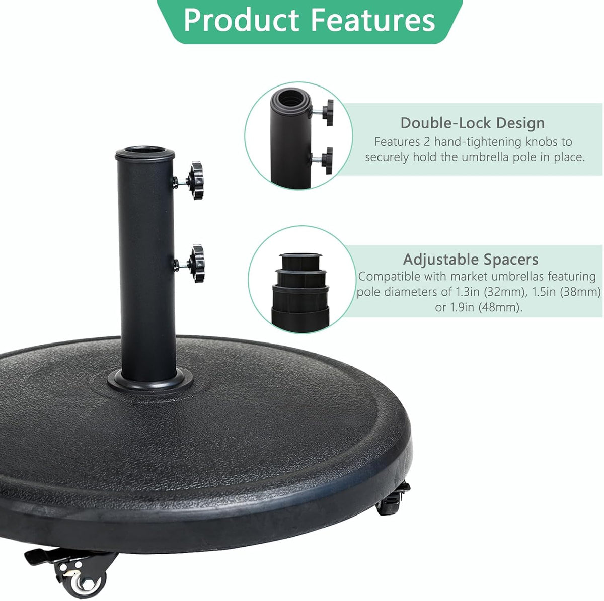 Parasol Base 20kg Heavy Duty Round Resin Umbrella Stand Wheels Helios&Hestia