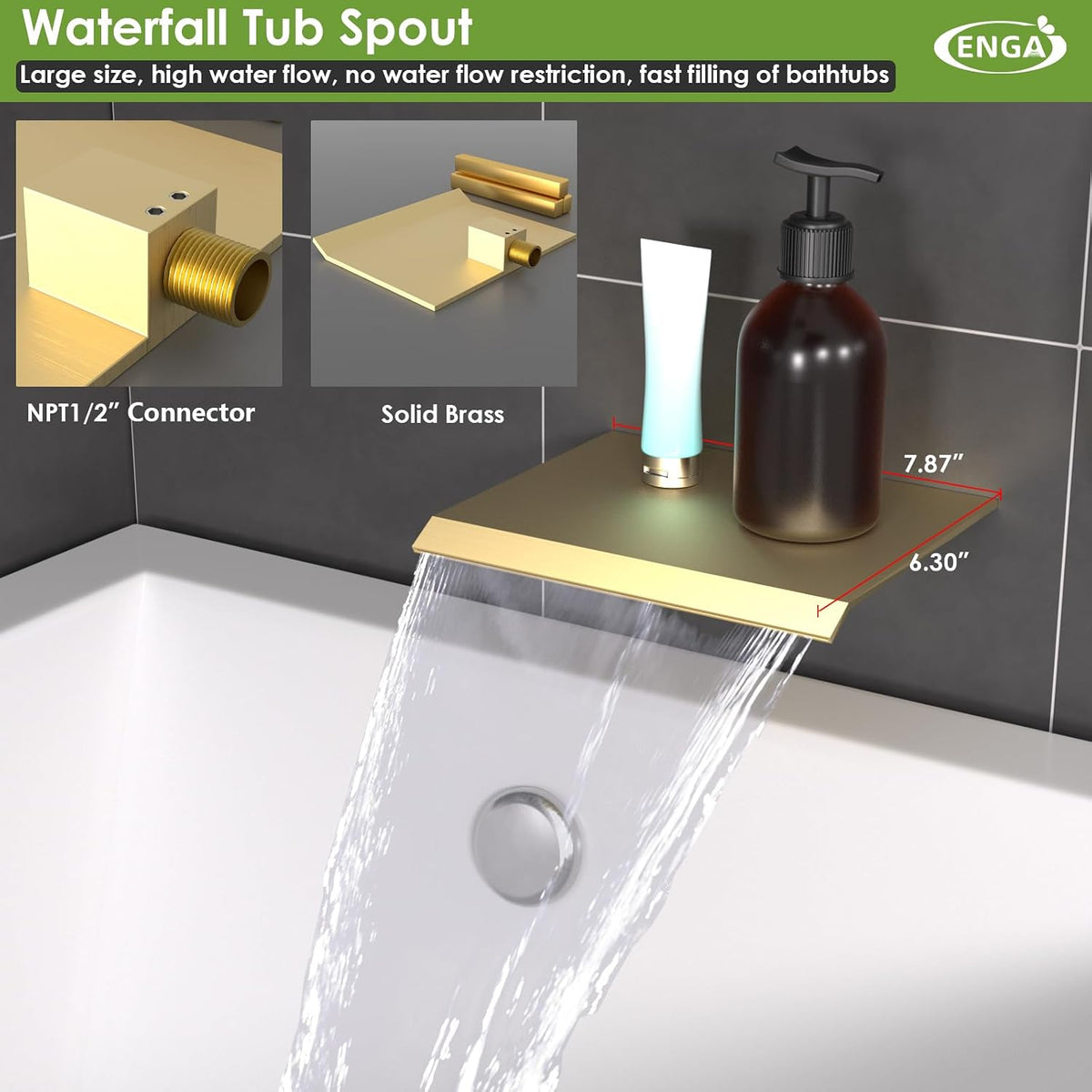 12 Inch Shower System Brass Mixer Waterfall Tub Spout Brushed Gold Bathroom Set