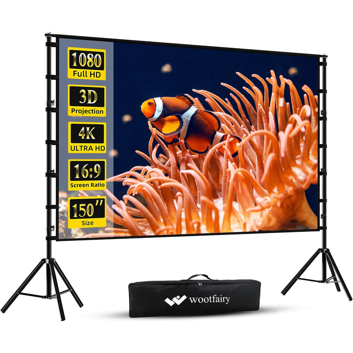 Projector Screen 150 Inch 4K HD Stand Carry Bag Portable Outdoor Wootfairy