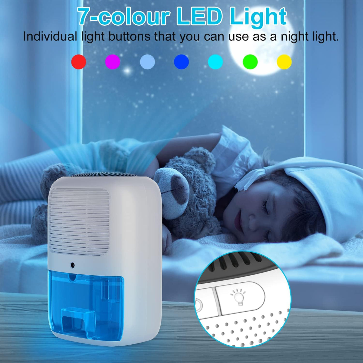 Dehumidifier 1000ml Auto Shut Off 7 Colour Night Light Home Moisture Absorber