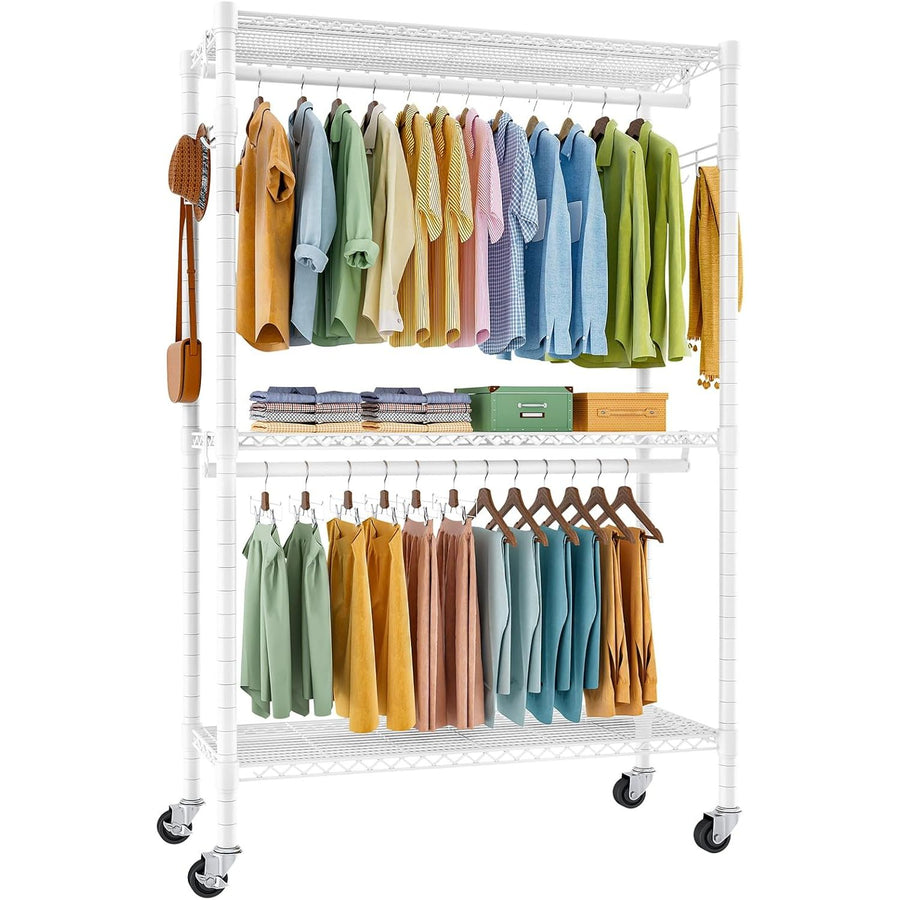 Clothing rack with clothes on a white background