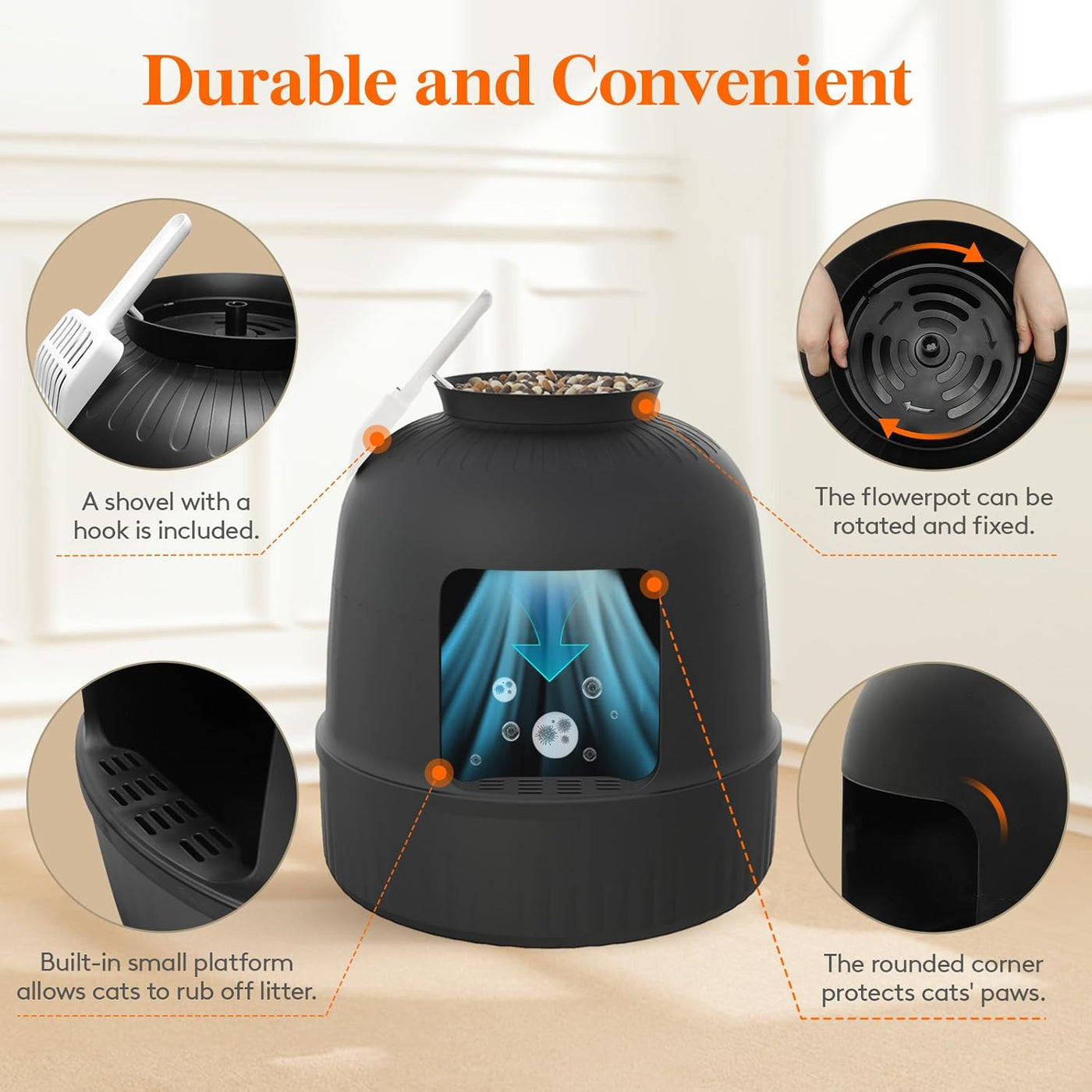 Black pet litter box with features highlighted on a light background
