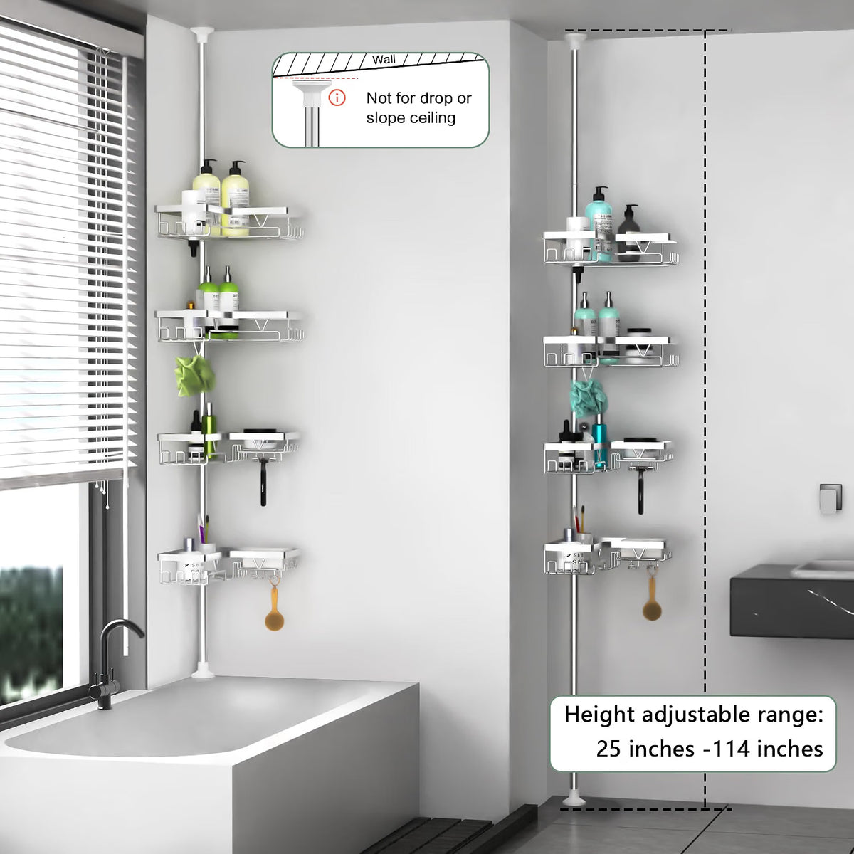 Corner Shower Caddy 25-114 Inch Telescopic 4 Basket No Drill Rustproof Silver Rack