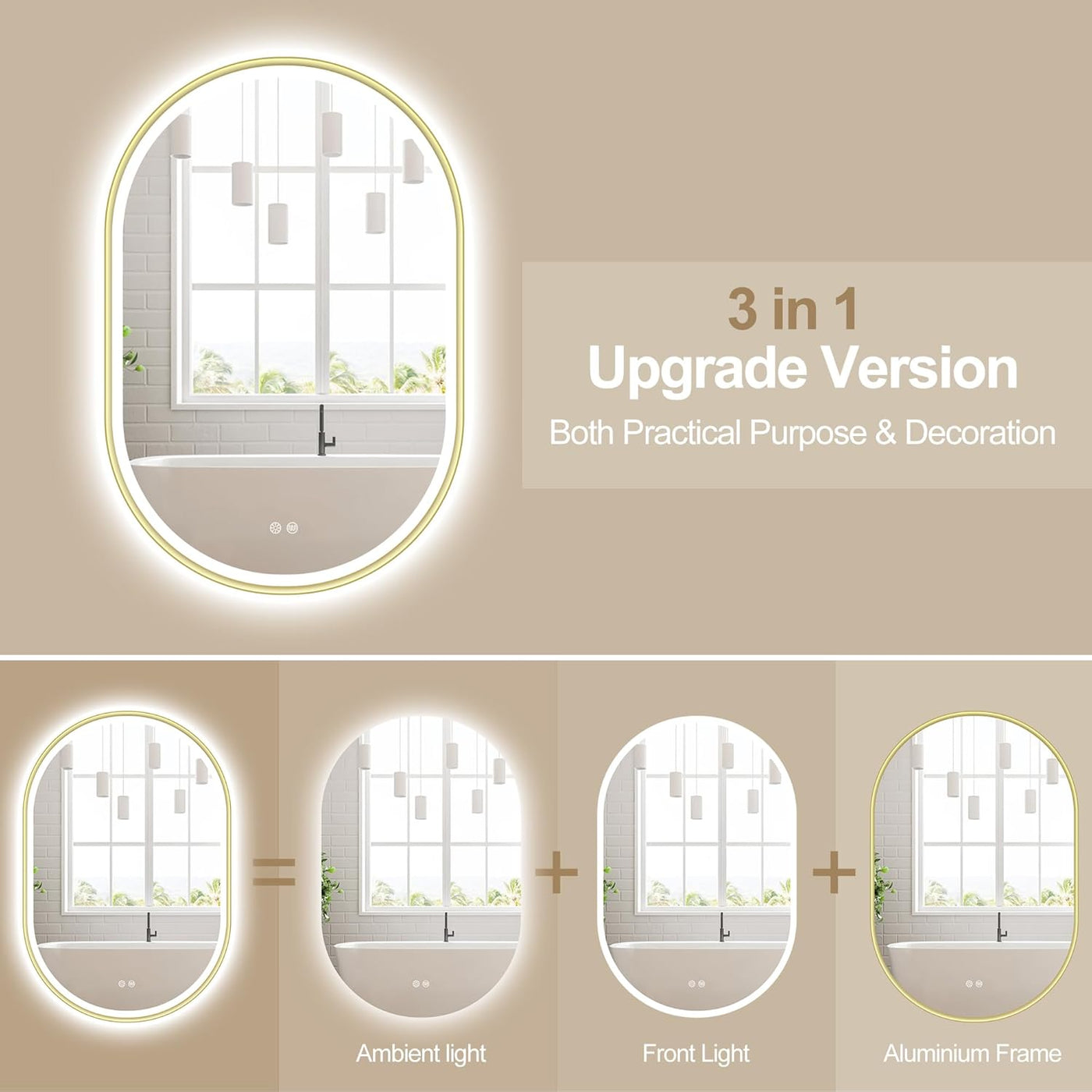 Round illuminated mirror with 3 in 1 upgrade version text on a beige background