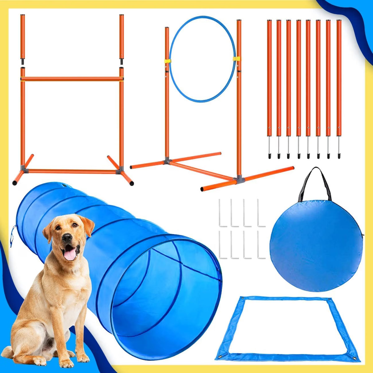 Dog Agility Training Set 6PCS Tunnel Slalom Poles Jump Rings Hurdles XXL X XBEN