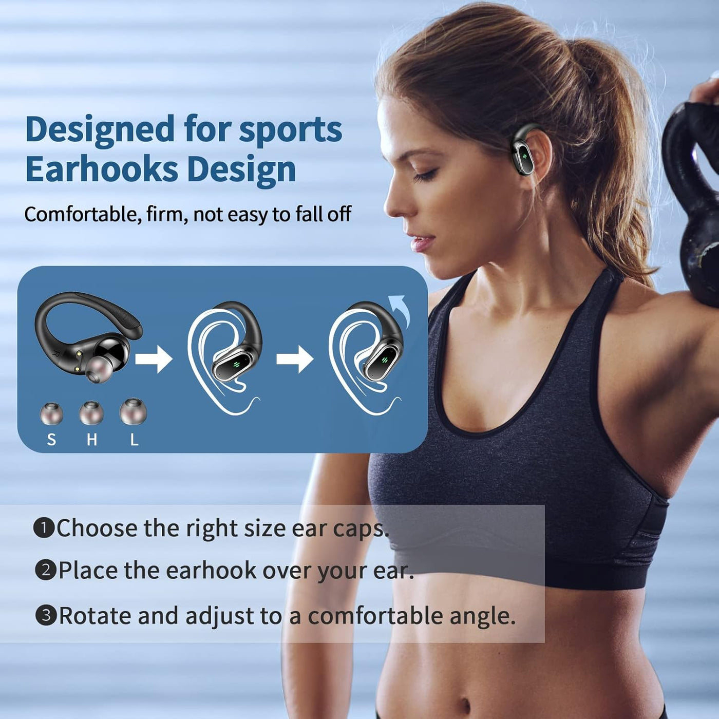 Woman exercising with wireless earhooks and size guide on a blue background