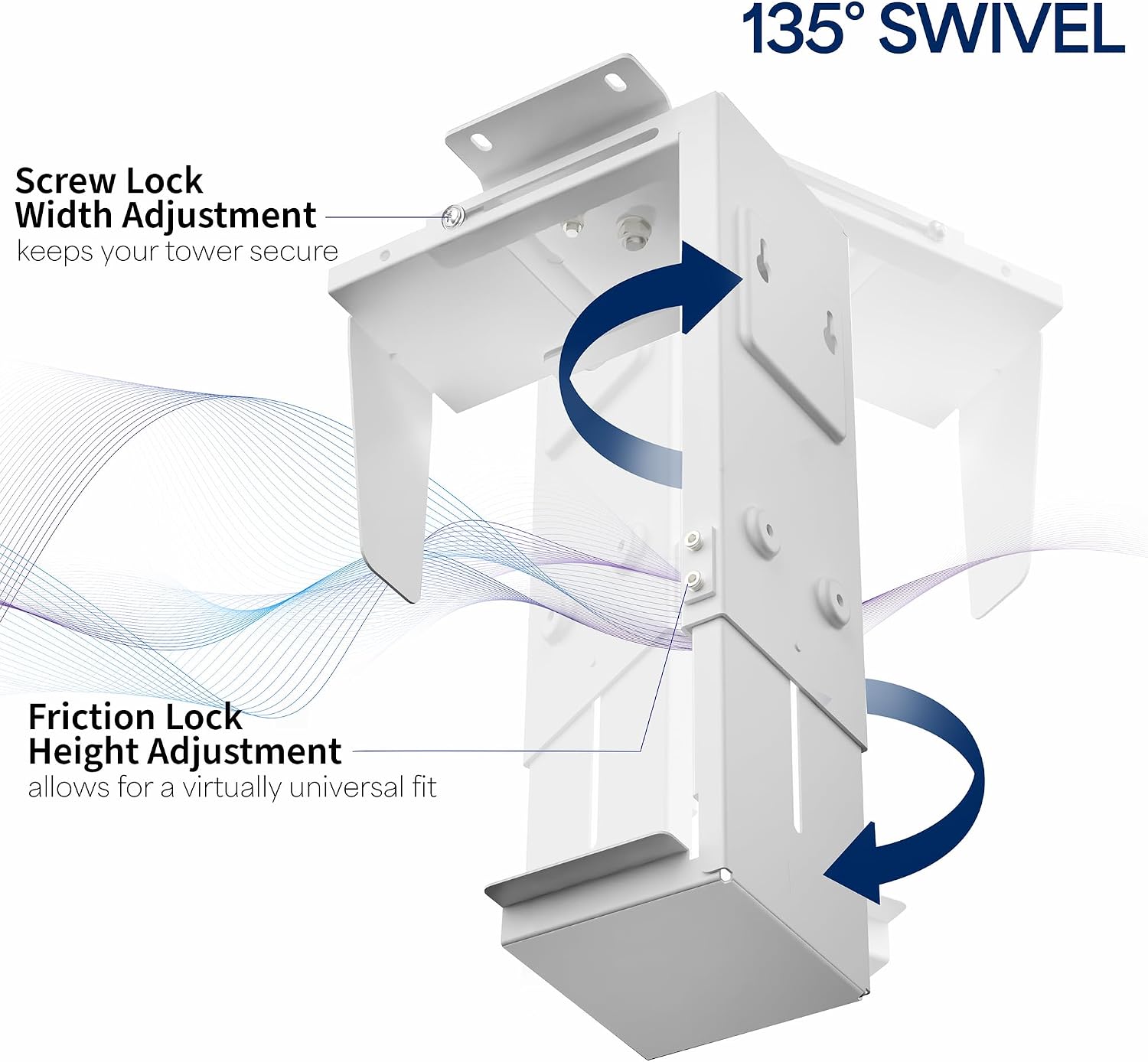 White metal tower bracket with callout labels explaining screw lock width adjustment and friction lock height adjustment, plus blue arrows indicating 135° swivel, on a white background.