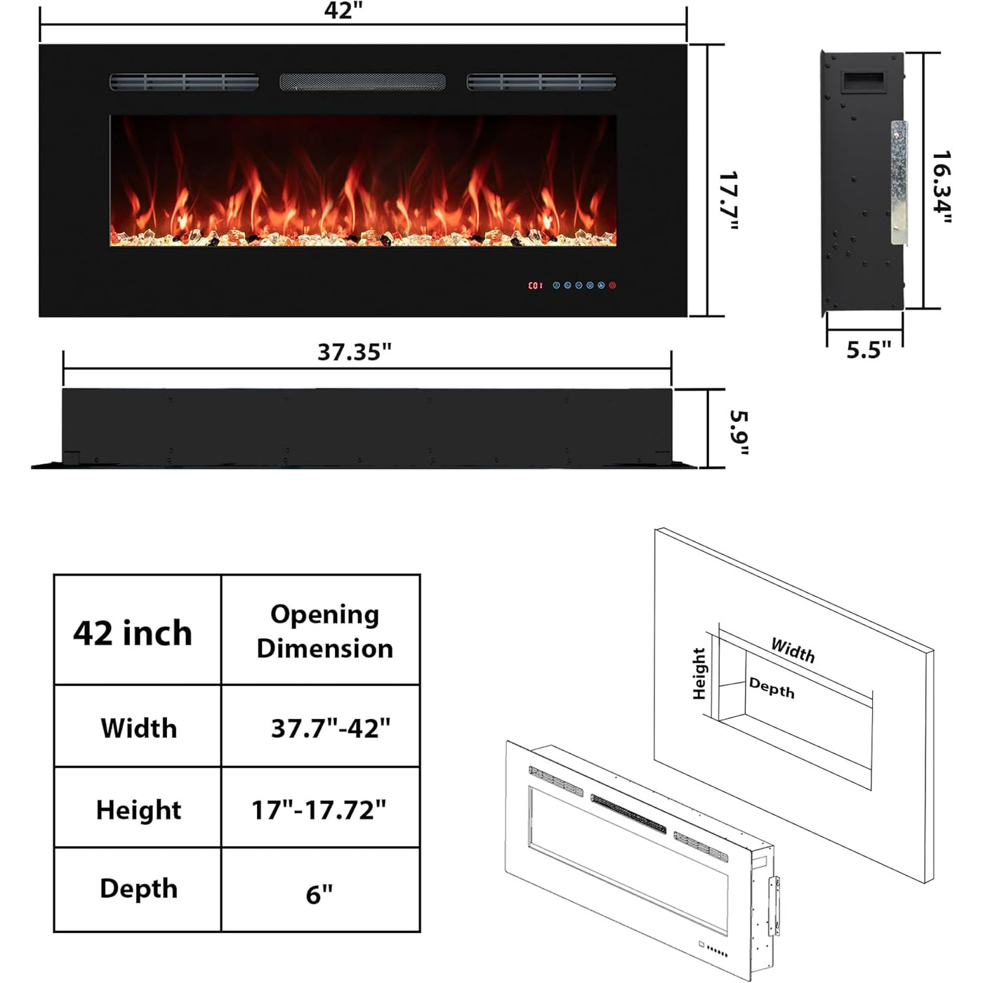 42'' Electric Fireplace Insert, Wall Mount Heater, Remote, Timer, Thermostat