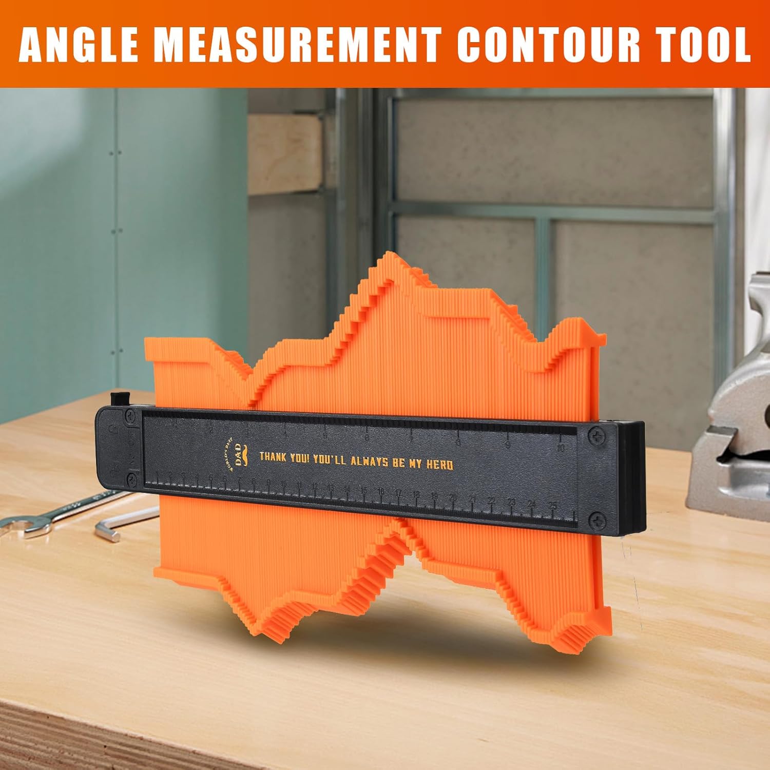 Orange angle measurement contour tool on a wooden surface with a circular saw in the background.