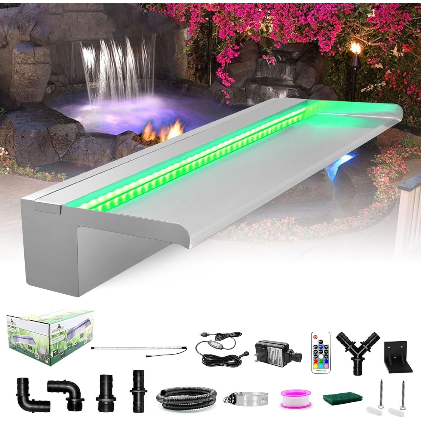 LONGRUN 90cm Stainless Steel Pond Waterfall Cascade with LED Light & Spillway - Massive Discounts