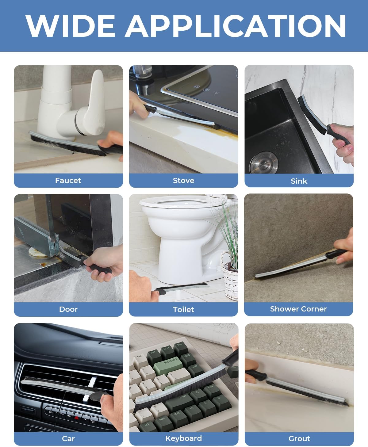 Collage of a cleaning tool being used on various surfaces with text 'WIDE APPLICATION' at the top.