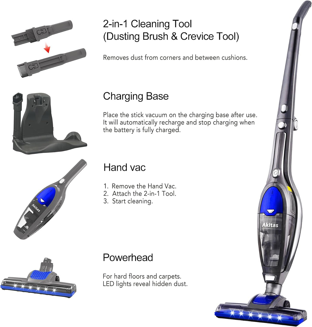 Cordless Vacuum Cleaner 2 in 1 Stick Handheld Auto Dock Pet Hair Akitas U10