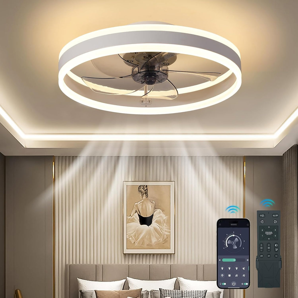 Ceiling Fan with Light Reversible DC Motor 6 Speed App Control Modern Home Fan
