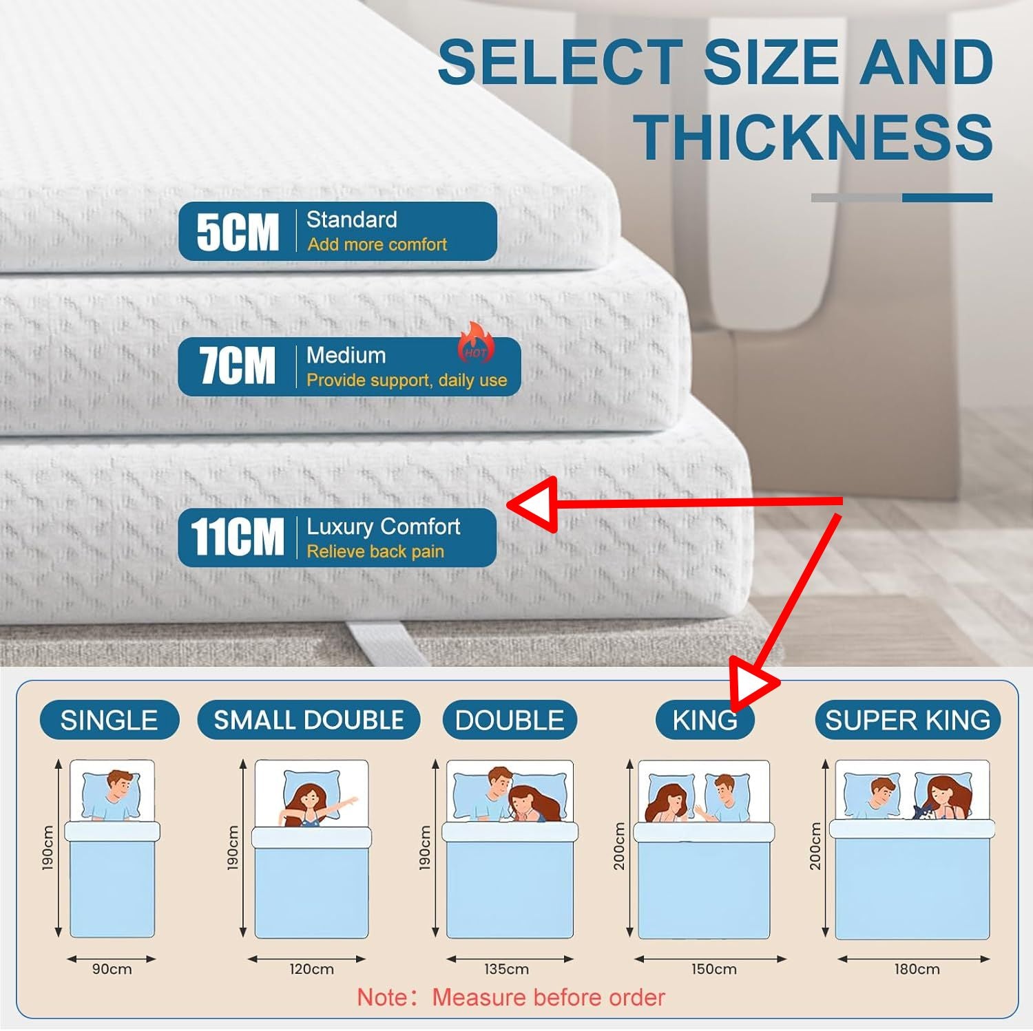 King Memory Foam Mattress Topper 150x200cm Back Pain Relief FRIDEKO