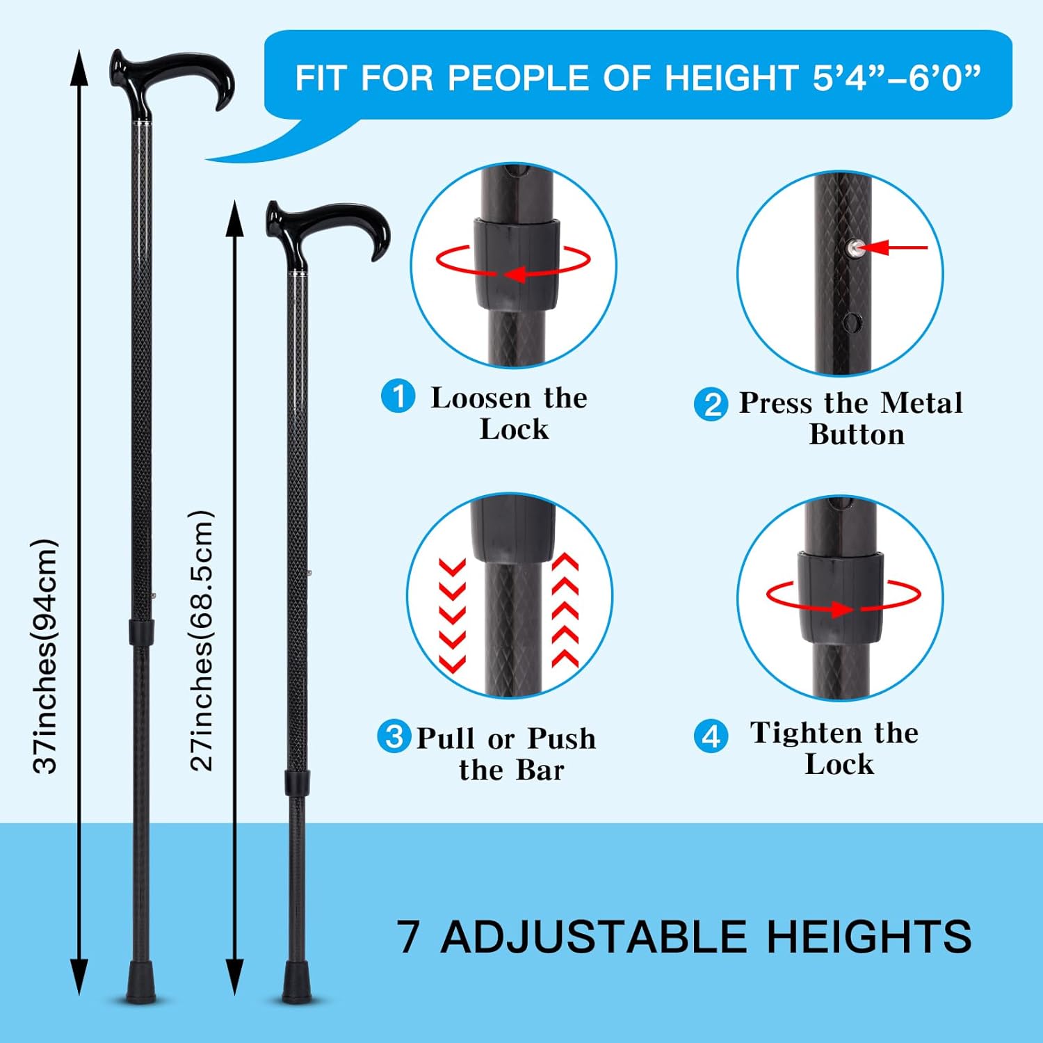 DRAGON CARBON Fiber Walking Cane 27-37 inches (68.5-94cm) Adjustable Lightweight