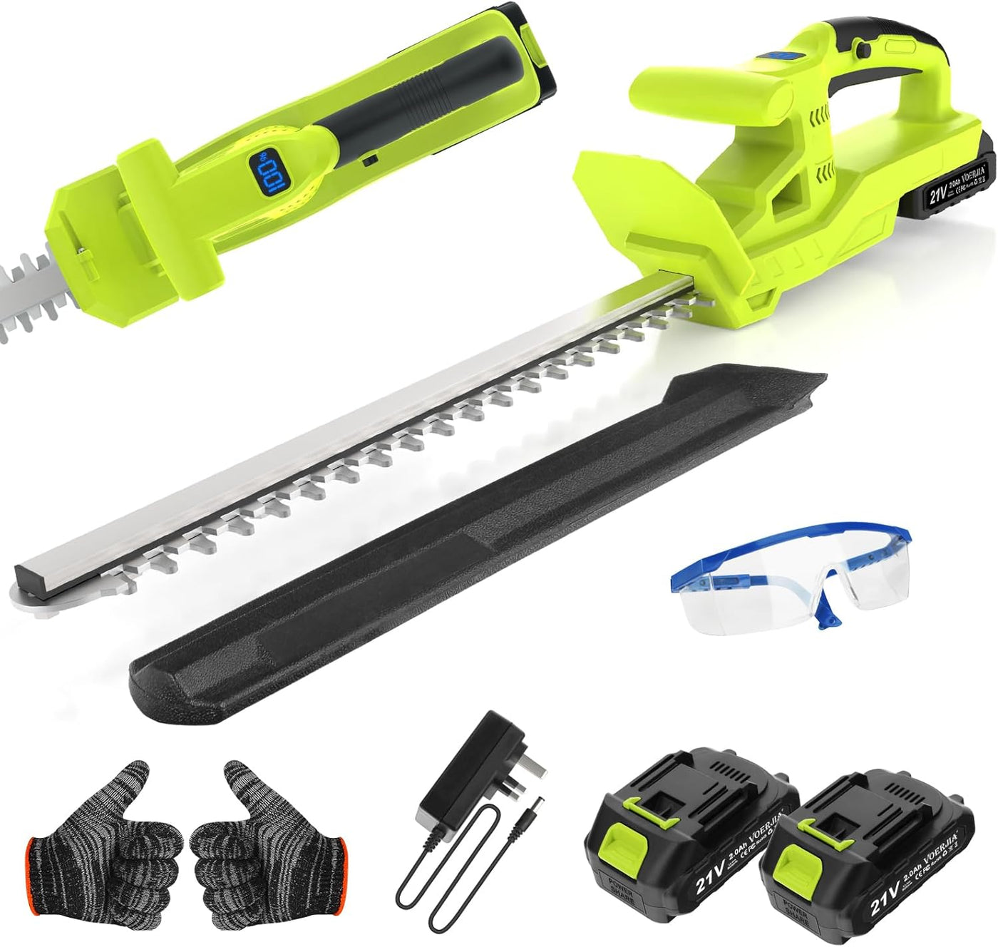 Gardening tool set with hedge trimmer, batteries, gloves, and safety goggles on a white background
