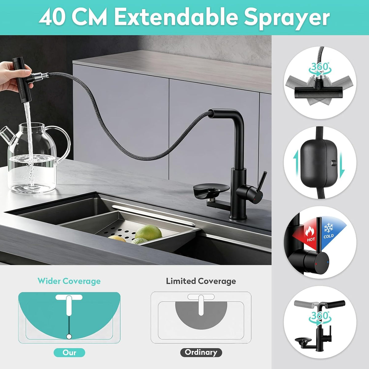 Kitchen Mixer Tap Pull Out Spray 1 Hole Stainless Steel Glass Washer KAIYING