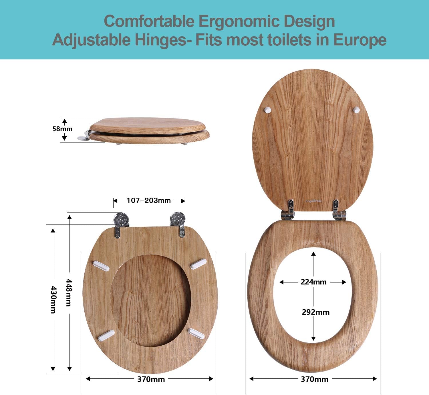 Angel Shield Antibacterial Wooden Toilet Seat with Adjustable Hinges, 45x37cm