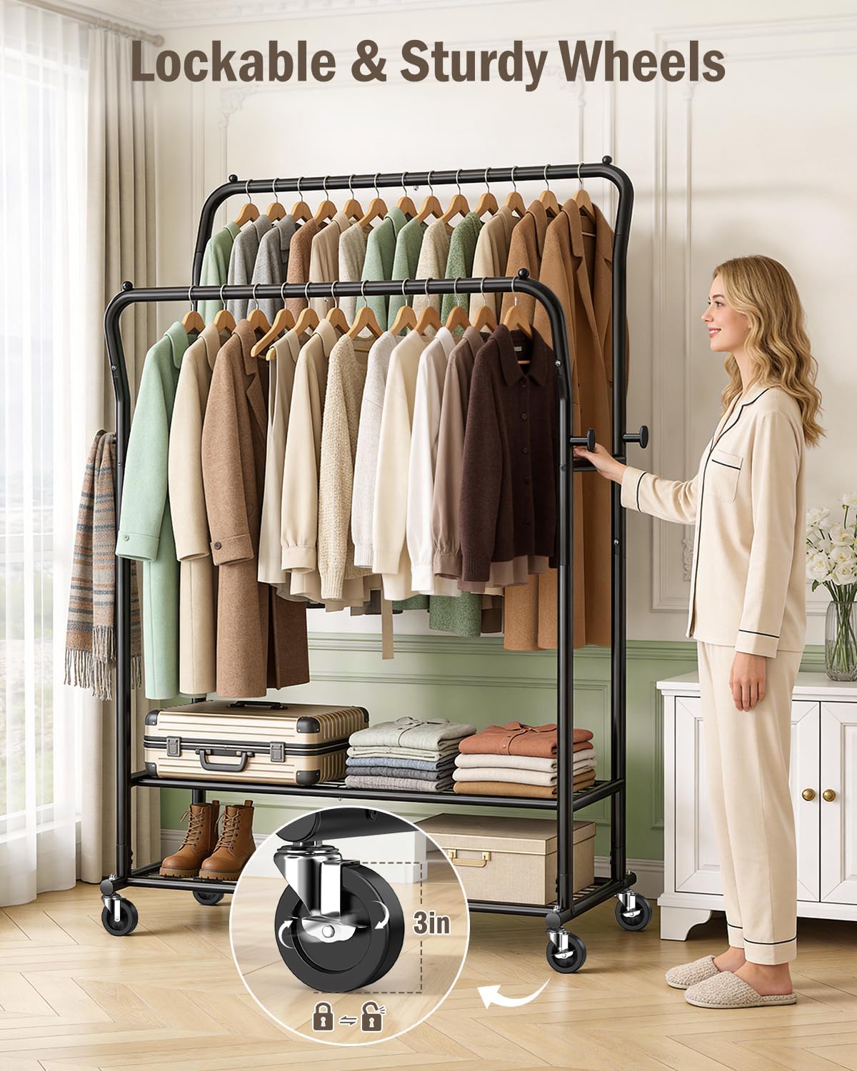 Heavy Duty Clothes Rail 378kg Double Rod Wheels Shelves Hooks Black EAGMAK Rack
