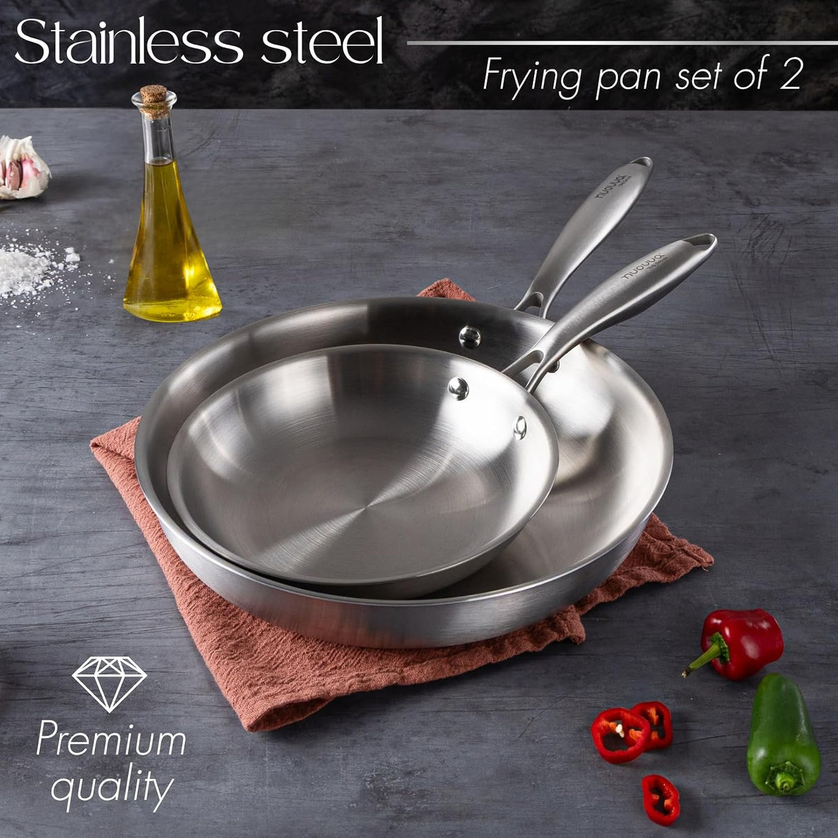 Stainless Steel Frying Pan Set 20cm 28cm Tri Ply Induction 2 Piece nuovva Pans