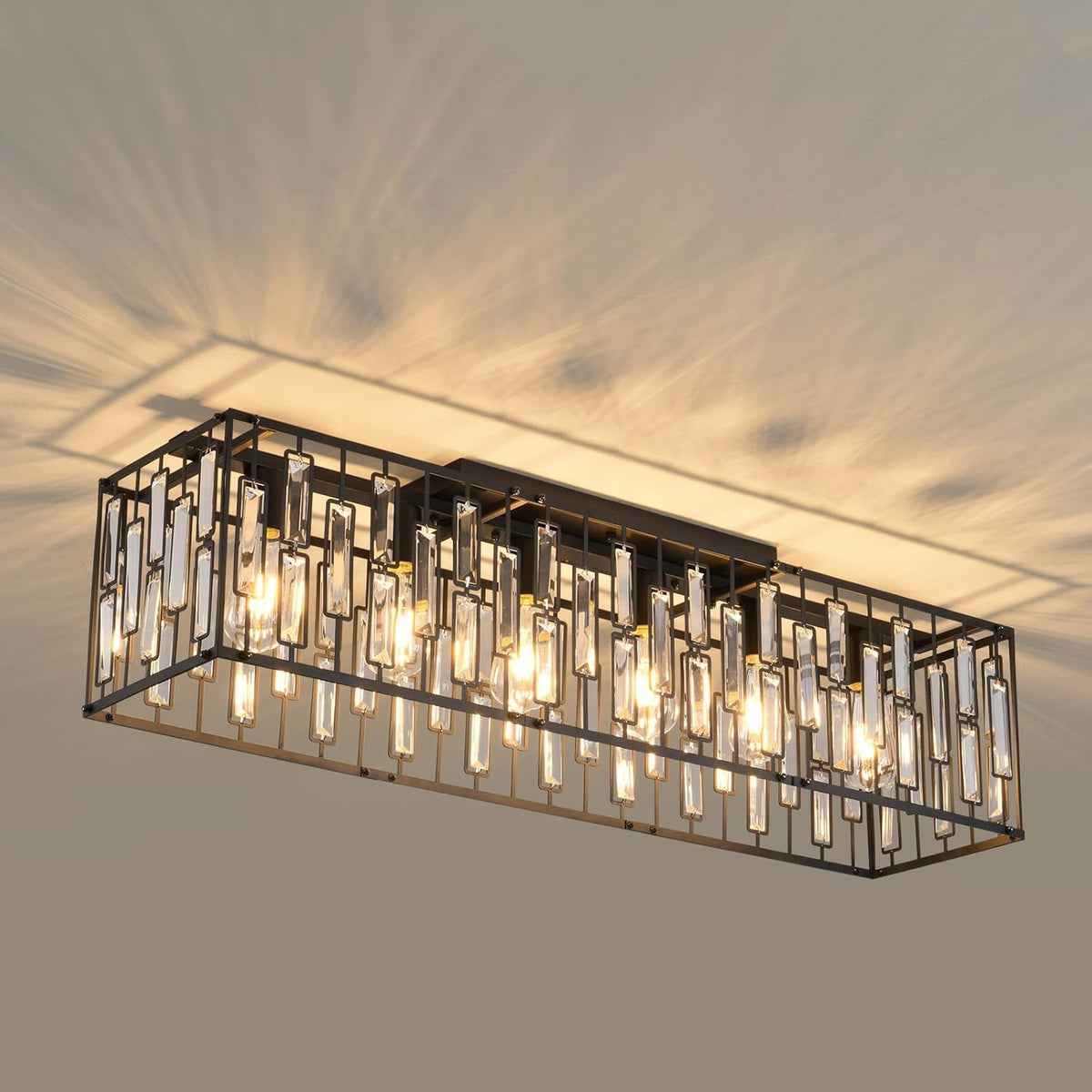 Crystal Ceiling Light 6 Light Black Rectangular Chandelier E27 Modern JIINOO