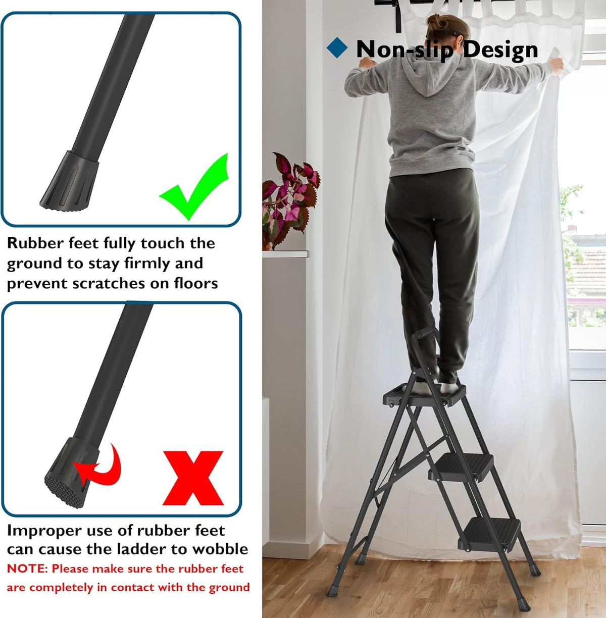 3 Step Ladder Folding Steel Step Stool Wide Anti Slip Pedals 150kg BONTEC Home