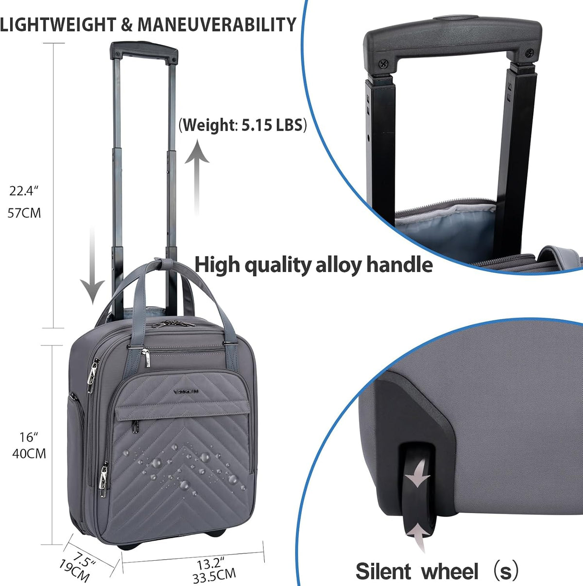 Rolling Laptop Backpack 16 Inch Underseat Wheeled Travel Bag Grey VANKEAN