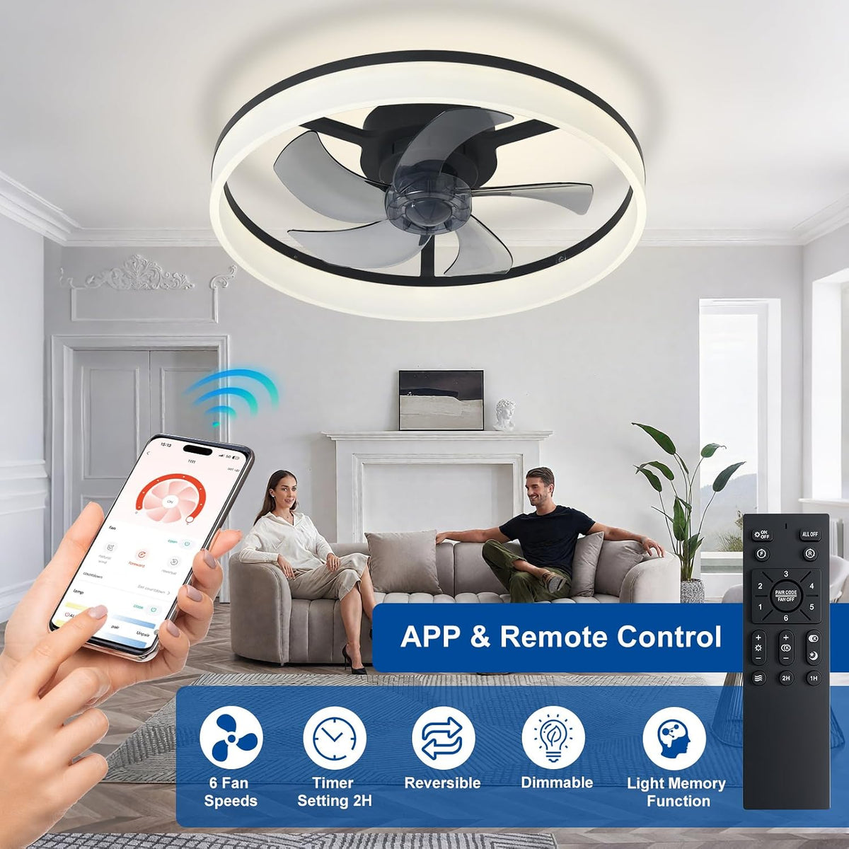 Ceiling Fan with Light 20 Inch LED Dimmable App Remote  Black Depuley Bladeless
