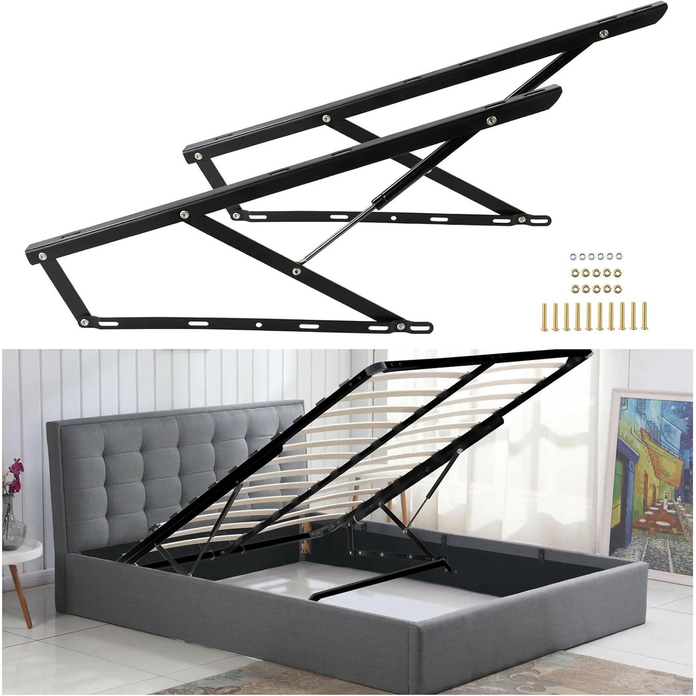 Gray upholstered bed with black metal lifting mechanism in a room setting.