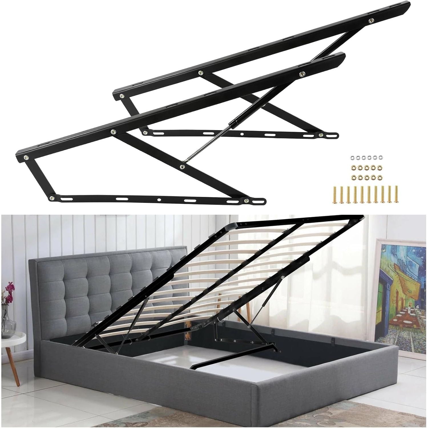 Gray upholstered bed with black metal lifting mechanism in a room setting.