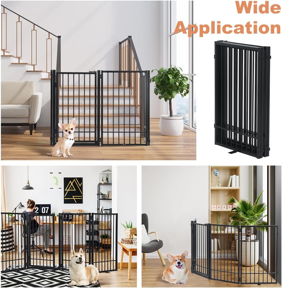 Freestanding Dog Gate 204cm Wide 80cm Tall 4 Panel Foldable Pet Fence SMONTER