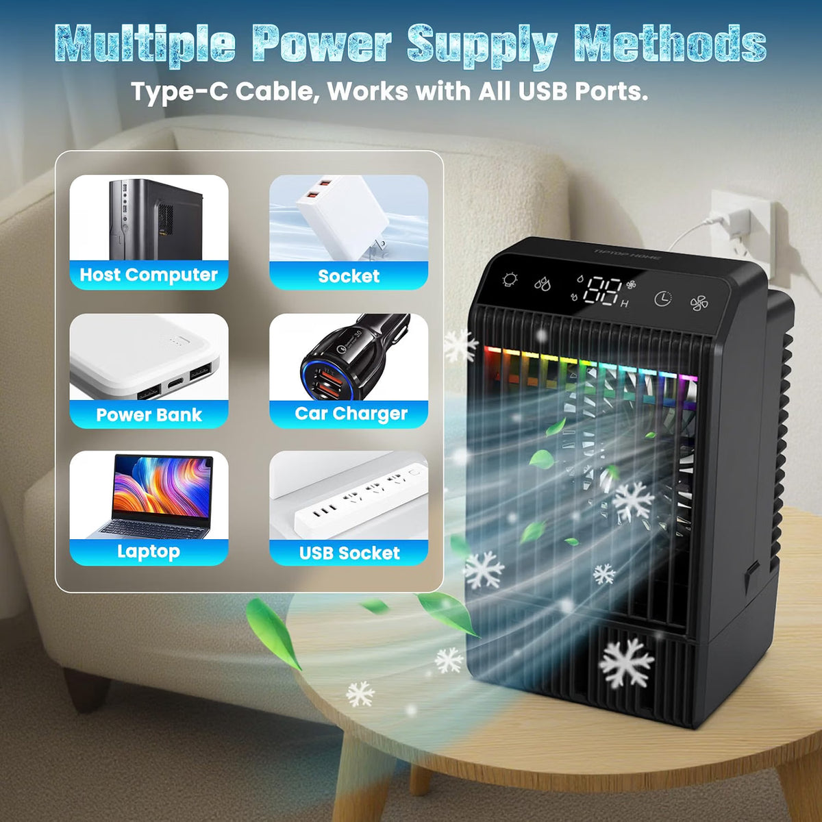 Portable Air Conditioner 4 in 1 1000ml Air Cooler Humidifier 4 Speed Mini AC Fan