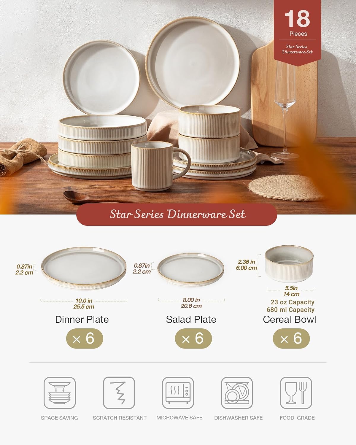 Stoneware Dinner Set 18 Piece Plates Bowls for 6 Cappuccino White Richmount Table
