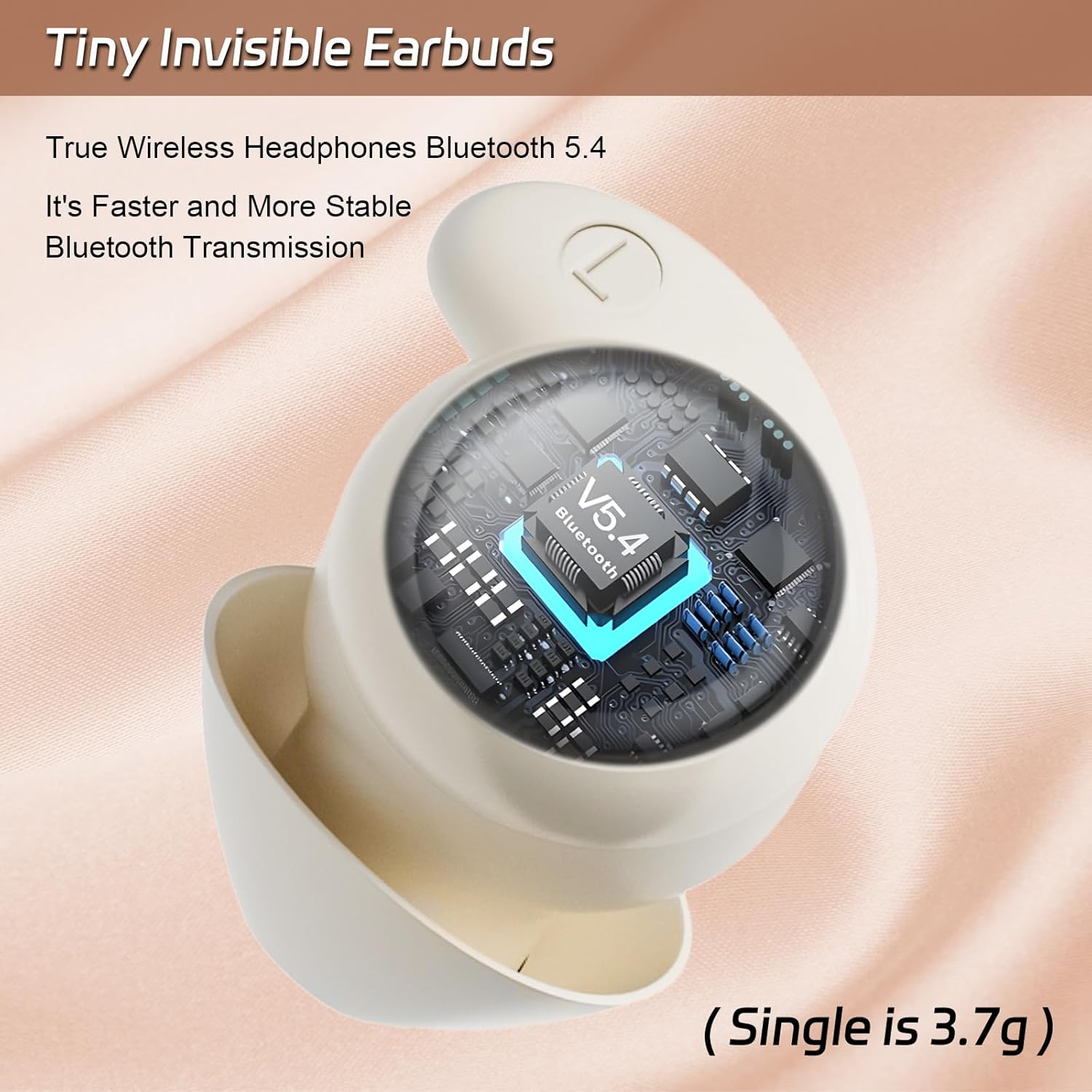 True wireless earbud with Bluetooth 5.4 chip inside a white case on a beige background