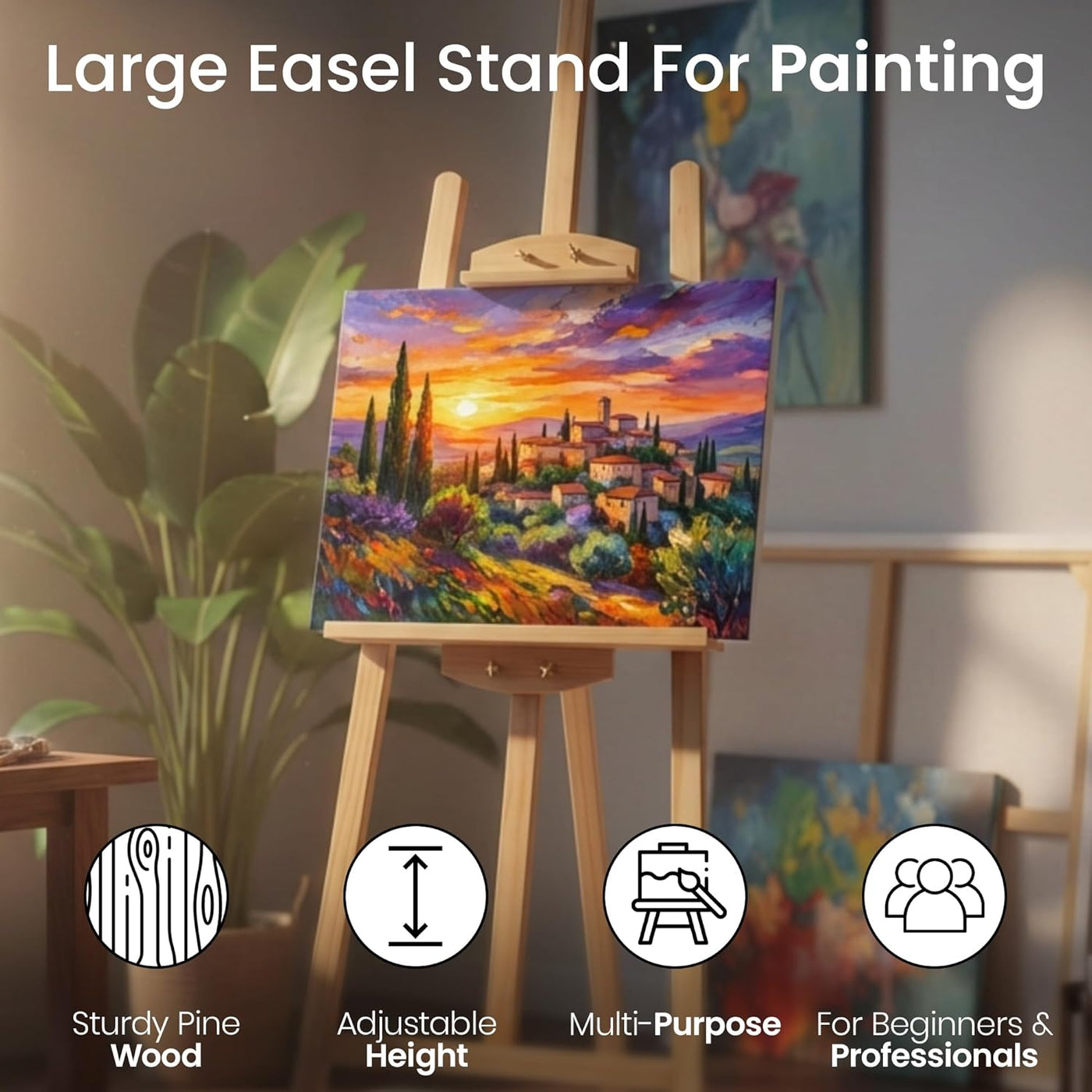 Large easel stand with a painting on it, surrounded by plants and artwork.