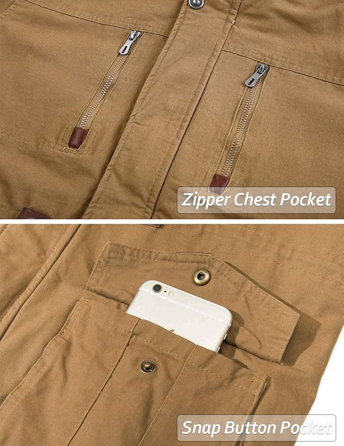 Brown jacket with zipper chest pocket and snap button pocket, showing a phone in the latter.
