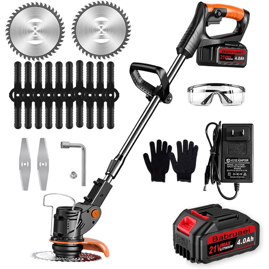 Gardening tool set with trimmer, batteries, and accessories on a white background