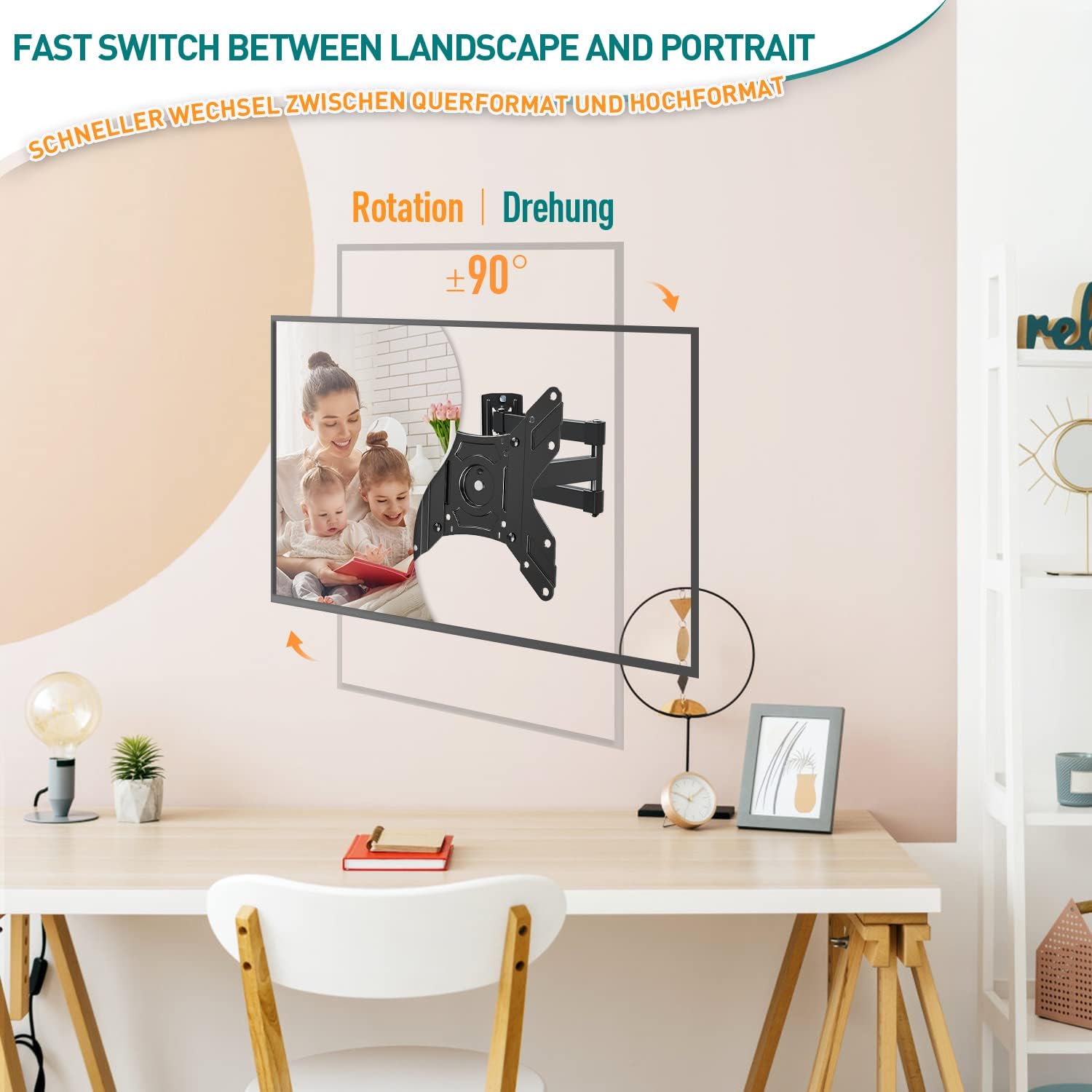 Wall-mounted TV with rotation feature in a home office setting