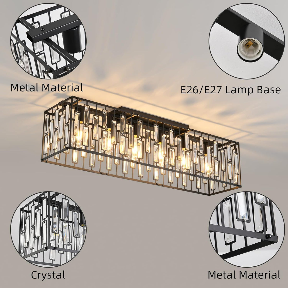 Crystal Ceiling Light 6 Light Black Rectangular Chandelier E27 Modern JIINOO