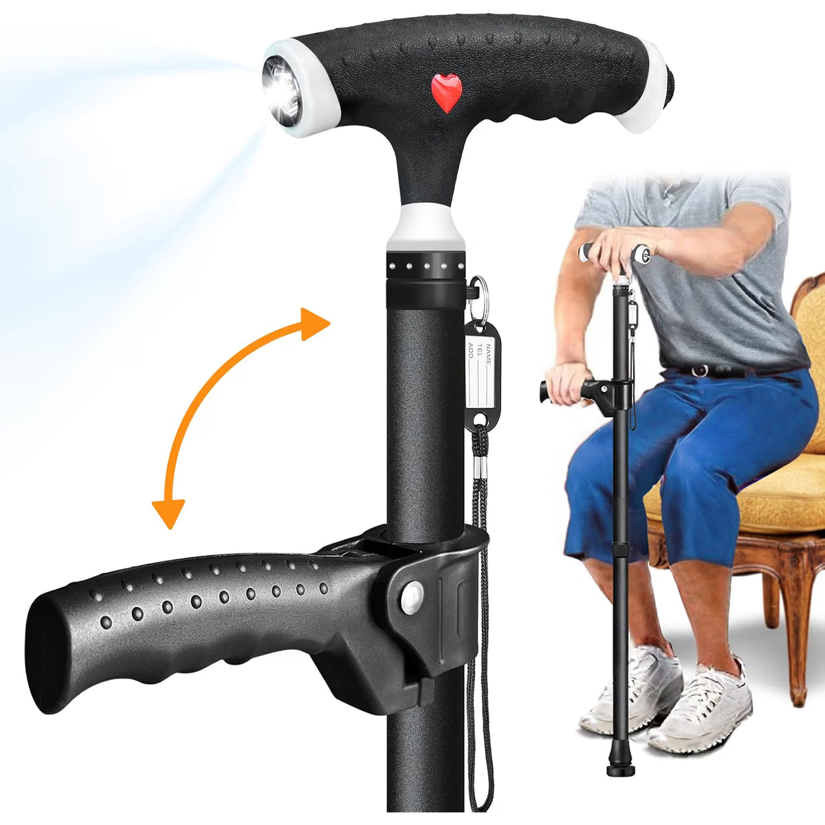 Adjustable Walking Stick Light 2nd Handle Extra Support Seniors Men Women Cane