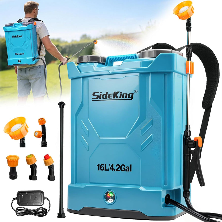 Knapsack Sprayer 16L Electric 120 PSI 4000mAh Battery Dual Wands SideKing Garden