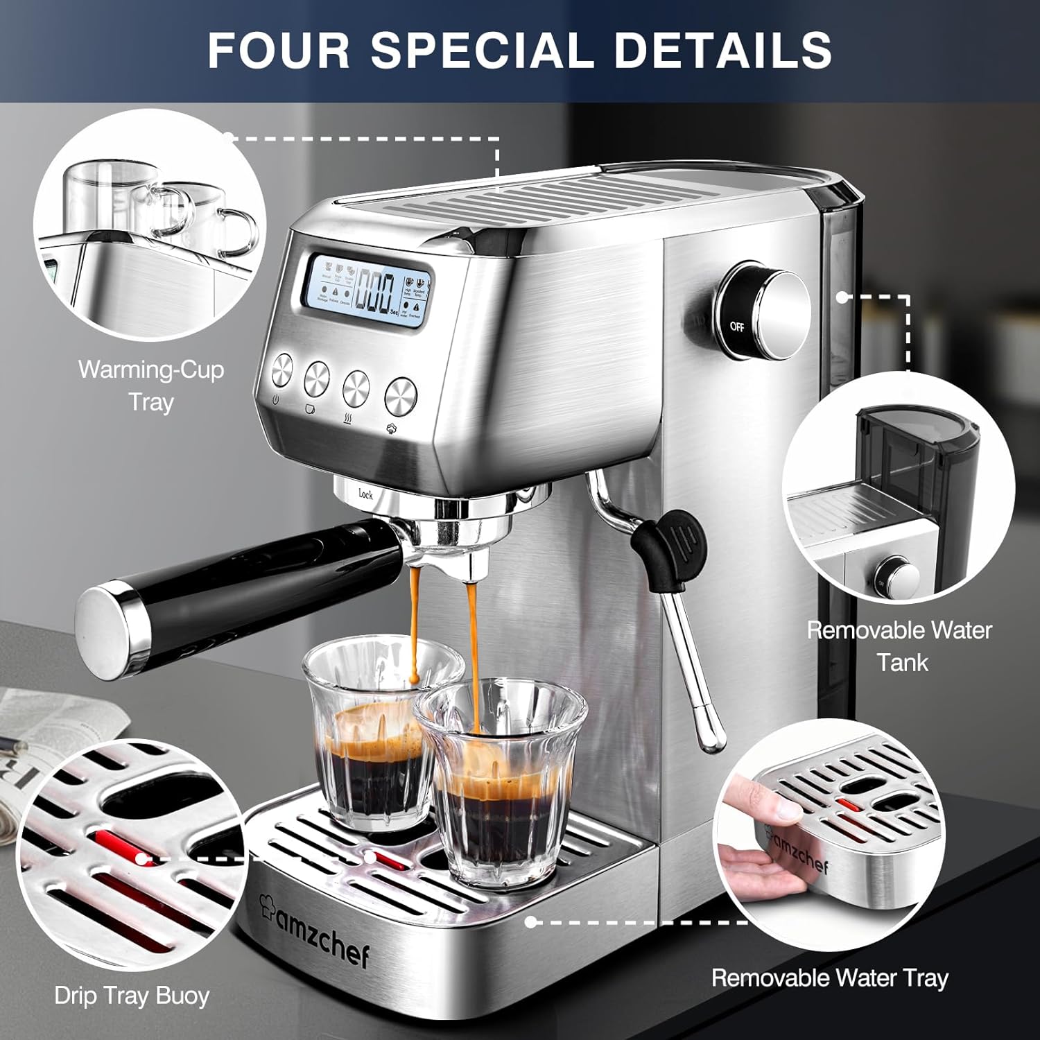 AMZCHEF 20 Bar Espresso Machine with LCD Panel & Milk Frother, 1.3L Tank